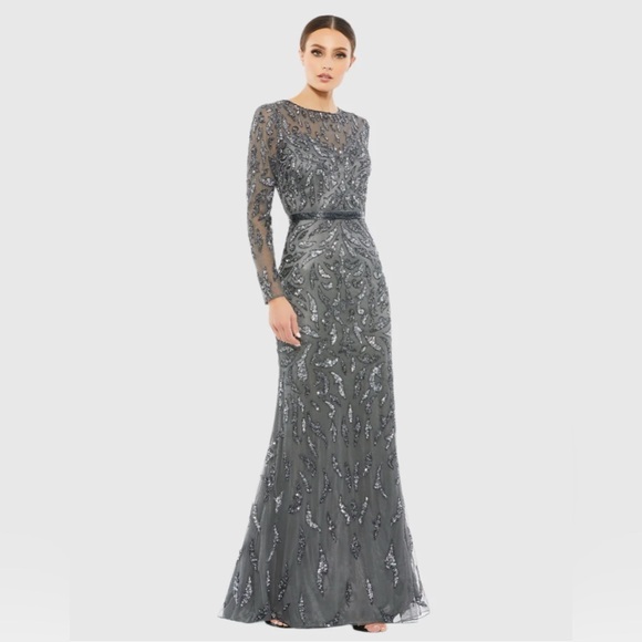 Mac Duggal - Dark Gray Beaded Long Sleeve Evening Gown - Picture 1 of 6
